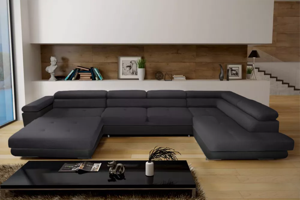 Dīvāns Anton U Mini+L Comfort Standard · Tumši pelēks + melns · 200 × 378 × 73 cm