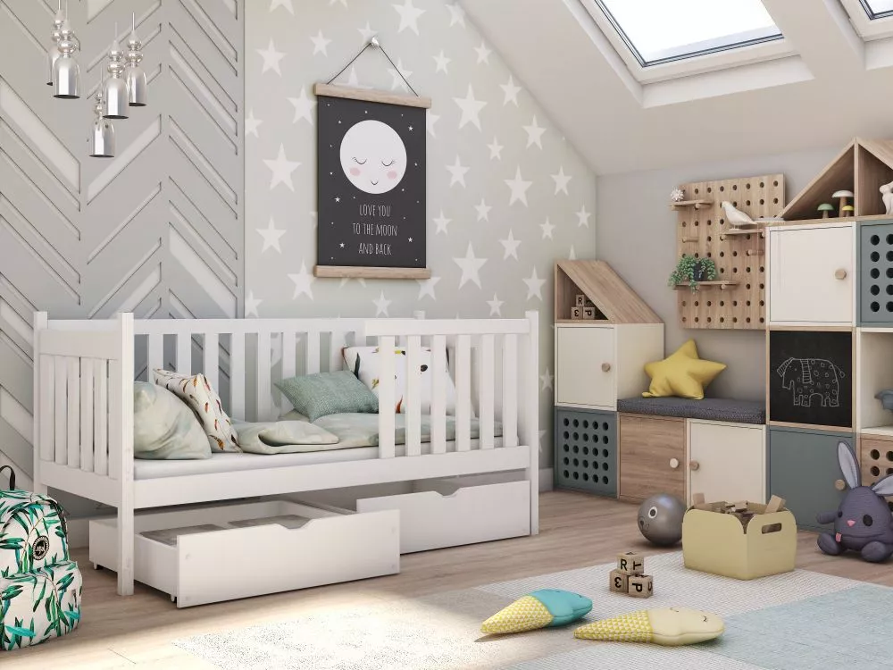 Bērnu gulta Alicja Premium ar stelāžu Guļamvietas platums: 80 cm, Guļamvietas garums: 180 cm, · Balts · 87 × 188 × 96 cm