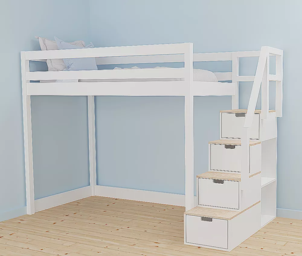 Bērnu gulta 117A ar stelāžu Kāpņu puse: Pa labi, Guļamvietas platums: 90 cm, Guļamvietas garums: 200 cm, · 118 × 252 × 1