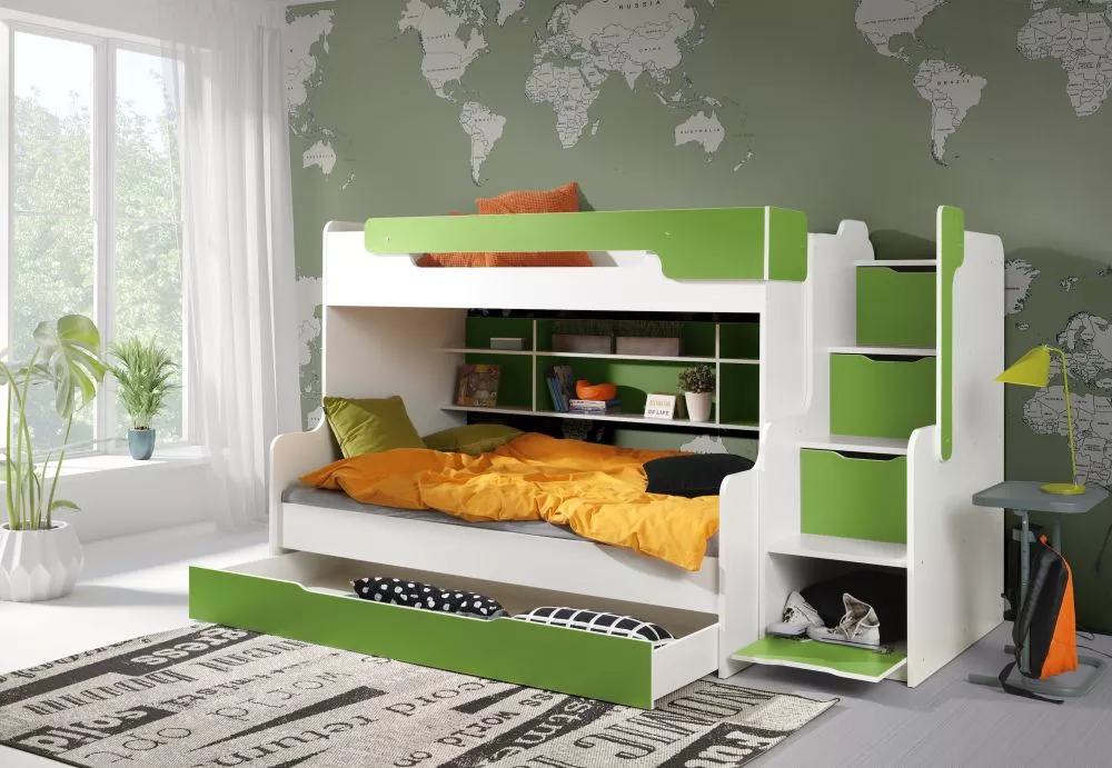 Bērnu gulta Harry Premium ar stelāžām Guļamvietas platums: 90 cm, Guļamvietas garums: 200 cm, · 129 × 260 × 155 cm