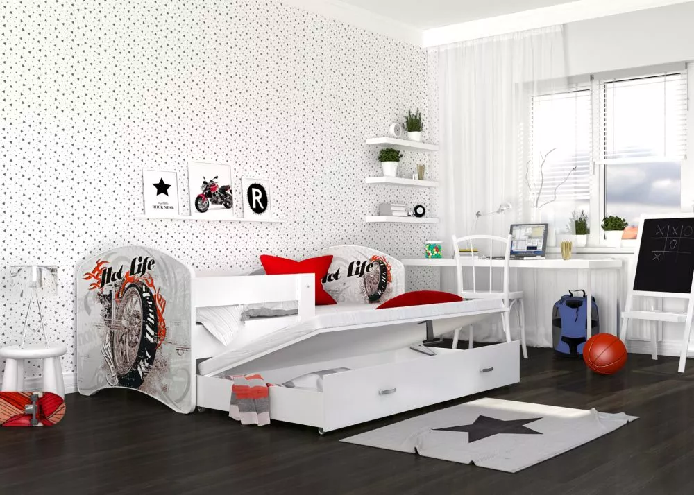 Bērnu gulta Lucky P2 Motor ar stelāžām Guļamvietas platums: 90 cm, Guļamvietas garums: 200 cm, · 95 × 203 × 85 cm