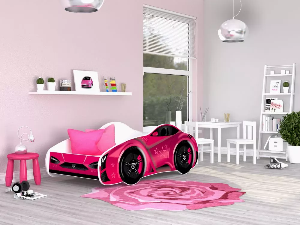 Bērnu gulta Cars 70x140 ar stelāžu Guļamvietas platums: 70 cm, Guļamvietas garums: 140 cm, · Rozā · 72 × 156 × 55 cm