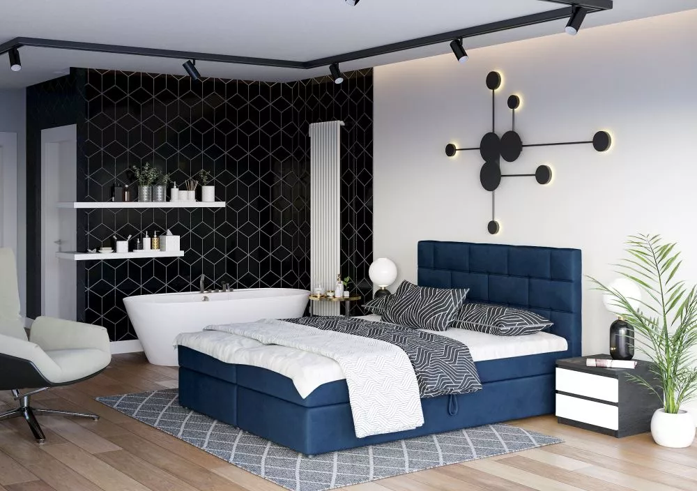 Gulta Wall Boxspring Standard Guļamvietas platums: 140 cm, Guļamvietas garums: 200 cm, · Zils · 145 × 208 × 106 cm