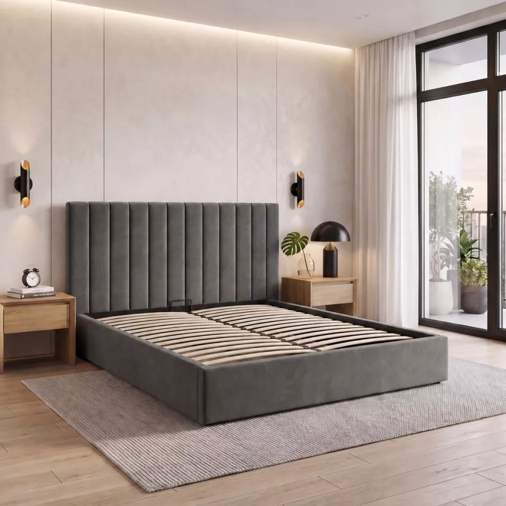 Gulta Melvio Standard ar stelāžām Guļamvietas platums: 180 cm, Guļamvietas garums: 200 cm, · Pelēks · 200 × 217 × 112 cm