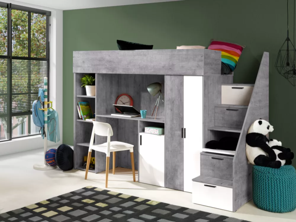 Bērnu gulta Konkret 14 ar stelāžu Guļamvietas platums: 90 cm, Guļamvietas garums: 200 cm, · 120 × 247 × 165 cm