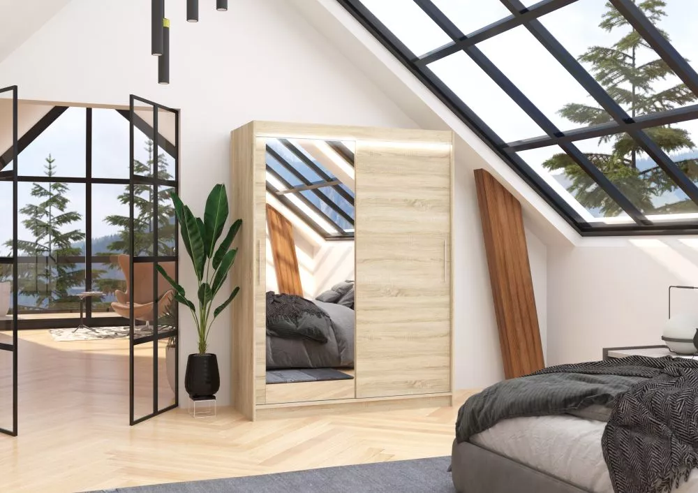 Skapis Bianco ar LED · Sonoma · 150 × 58 × 200 cm