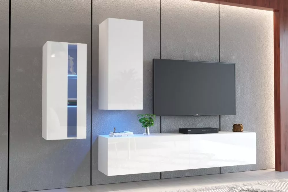 Sekcija Exclusive 9 gloss ar LED · Balts · 218 × 35 × 158 cm