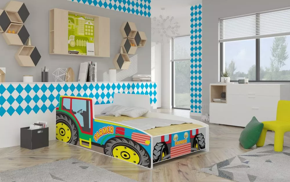 Bērnu gulta Farmer Tractor ar stelāžu Guļamvietas platums: 80 cm, Guļamvietas garums: 160 cm, · Daudzkrāsains · 84 × 165