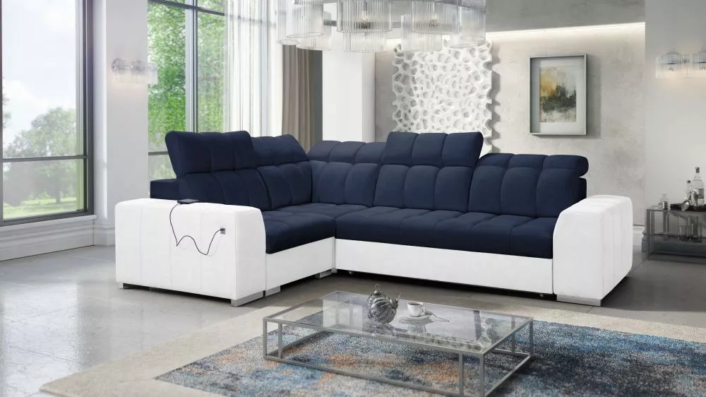 Dīvāns Pagano 2 Premium Standard · Tumši zils + balts · 209 × 285 × 83 cm