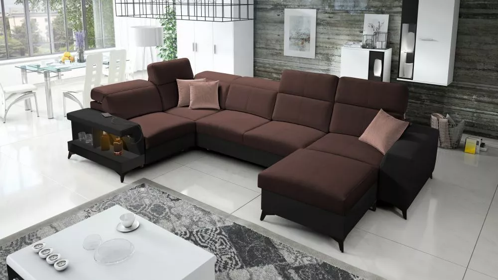 Dīvāns Belutti 4 Satin Black Standard ar LED · Tumši brūns + melns · 212 × 362 × 84 cm