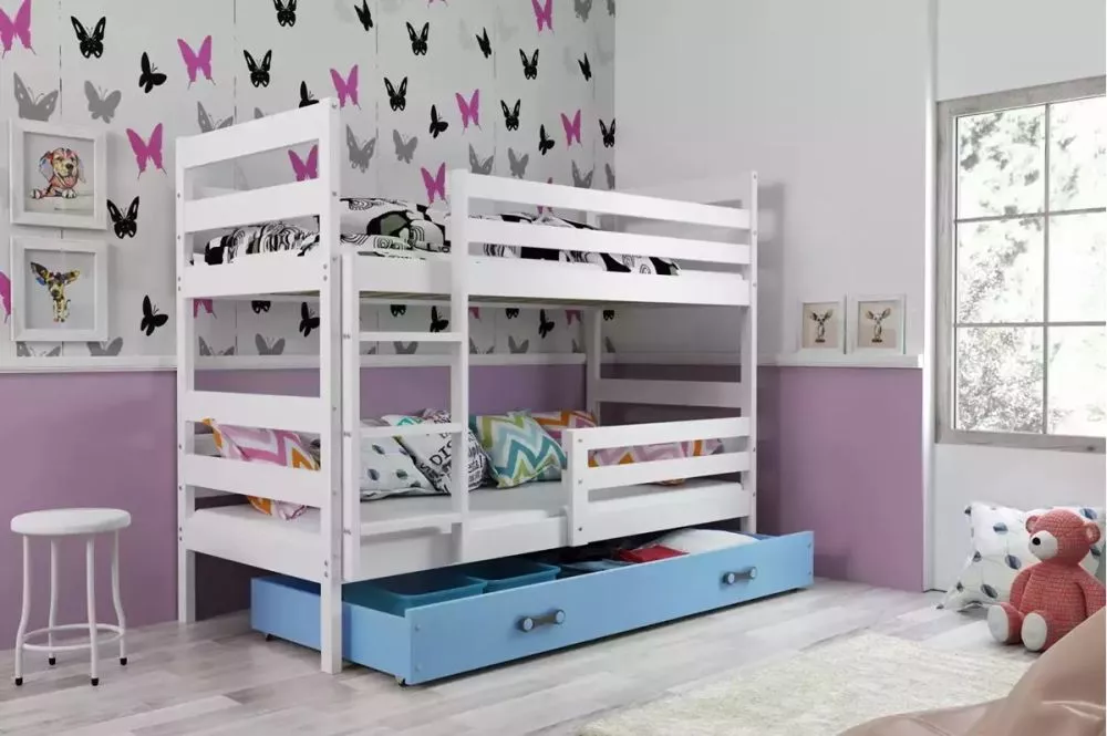 Bērnu gulta Eryk Bunk White 90x200 ar stelāžām Guļamvietas platums: 90 cm, Guļamvietas garums: 200 cm, · 97 × 206 × 154 