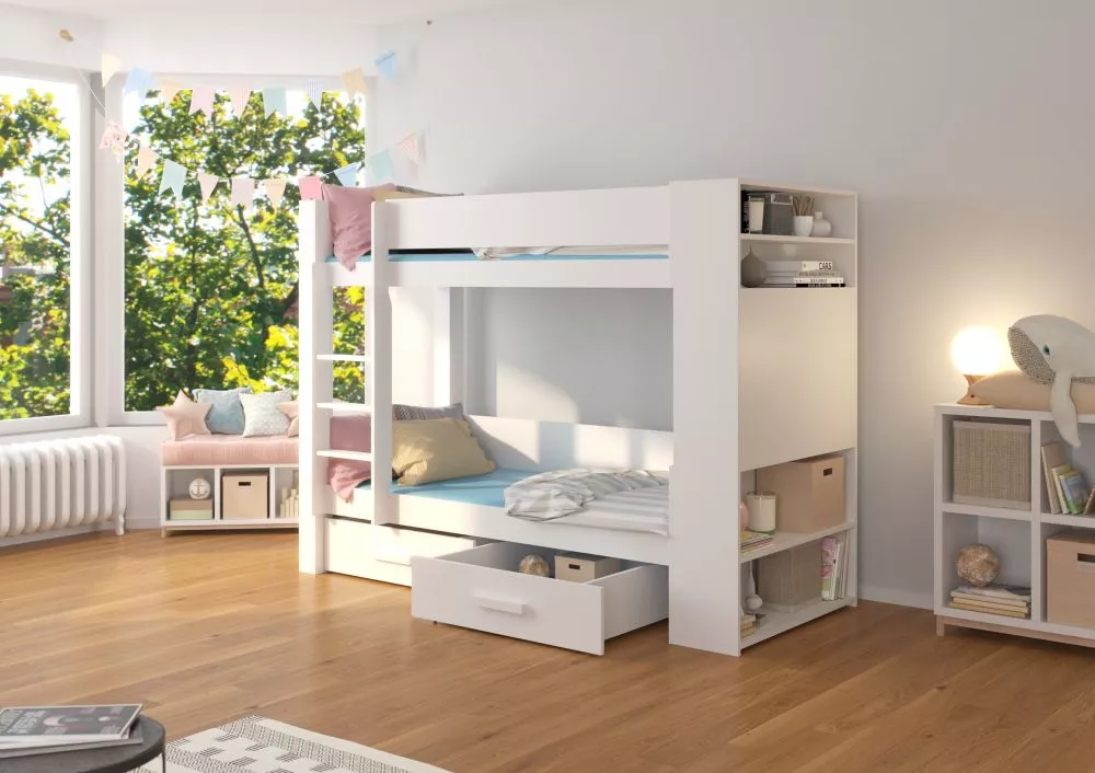 Gulta Garet ar stelāžam Guļamvietas platums: 80 cm, Korpusa krāsa: balts, Guļamvietas garums: 180 cm, stelāžas tips: kok