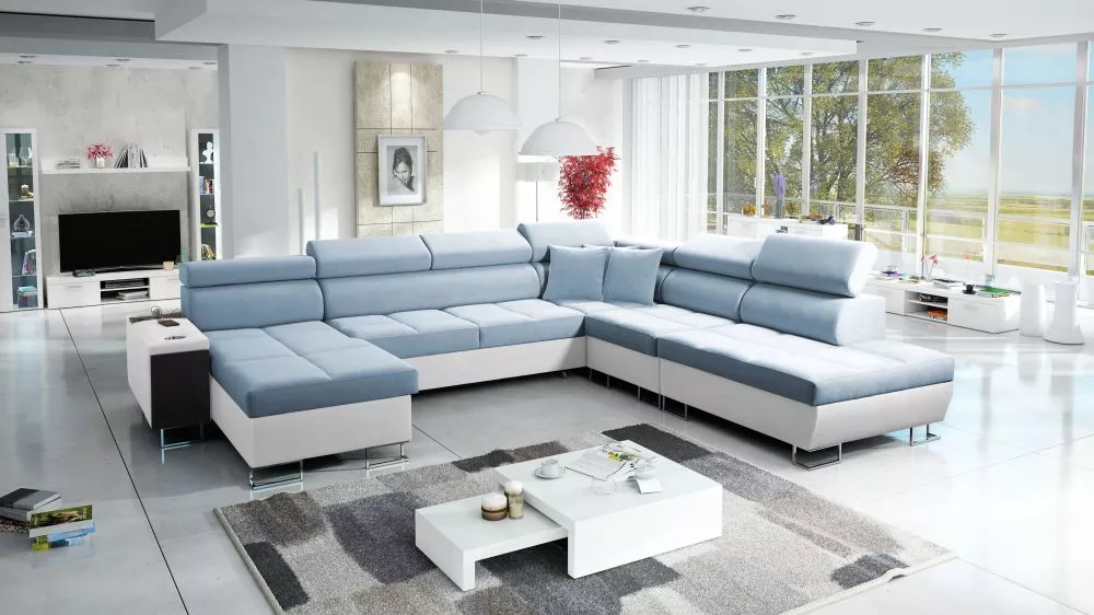 Dīvāns Morena 10 Premium Standard · Gaiši zils + balts · 298 × 360 × 84 cm