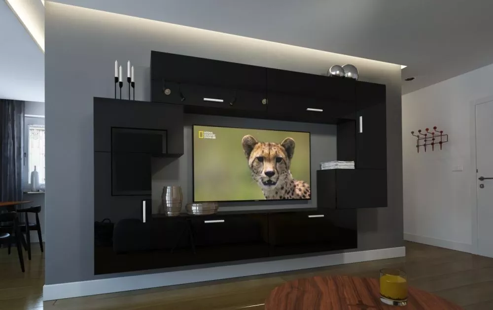 Sekcija Next 6 ar LED · Melns · 256 × 35 × 187 cm