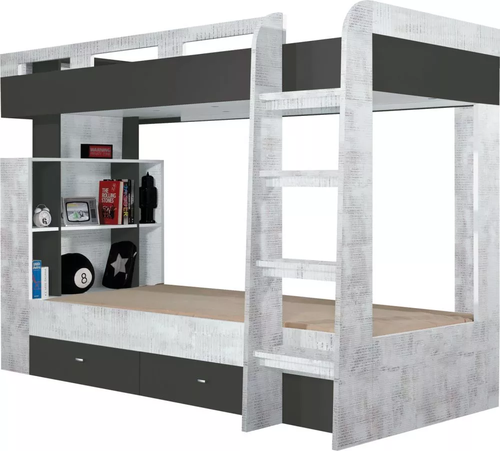 Bērnu gulta Tablo 13 ar stelāžām Kāpņu puse: Pa labi, Guļamvietas platums: 90 cm, Guļamvietas garums: 200 cm, · 165 × 22