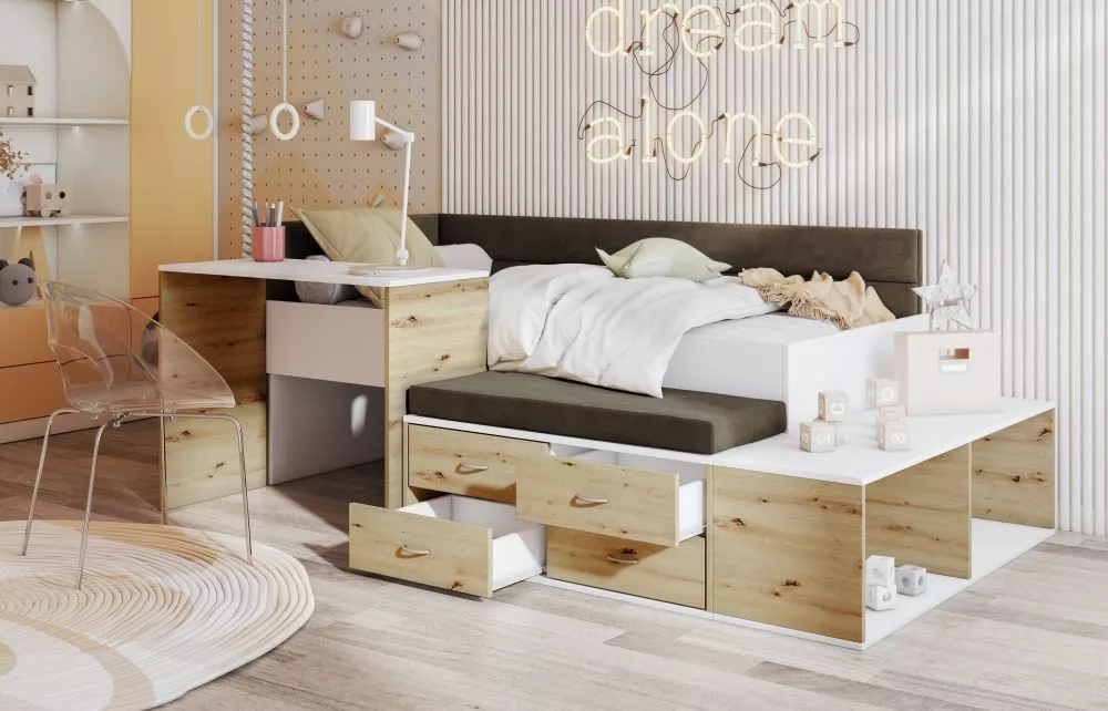 Bērnu gulta Amira ar stelāžu Guļamvietas platums: 90 cm, Guļamvietas garums: 200 cm, · 141 × 235 × 91 cm