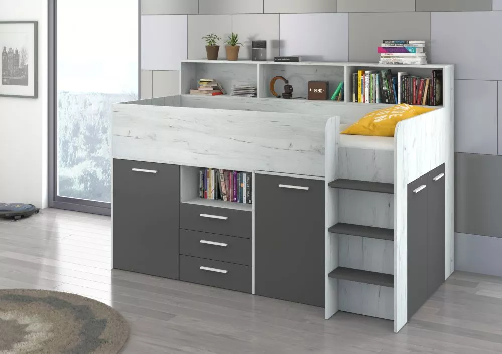 Divstāvu gulta Neo P ar stelāžu Guļamvietas platums: 80 cm, Guļamvietas garums: 200 cm, · 120 × 206 × 138 cm