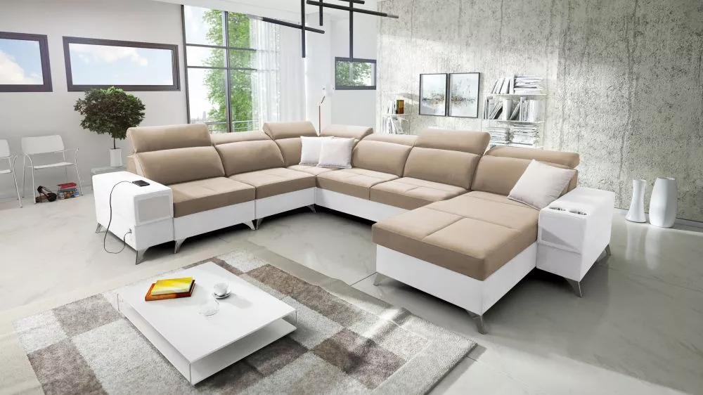 Dīvāns Deus 8 Premium Standard · Gaiši brūns + balts · 284 × 364 × 83 cm