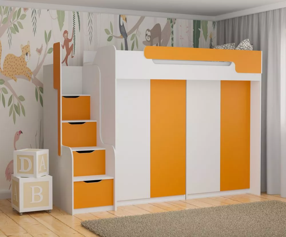 Bērnu gulta Dorian 4 90x200 ar stelāžu Guļamvietas platums: 90 cm, Guļamvietas garums: 200 cm, · 104 × 260 × 187 cm