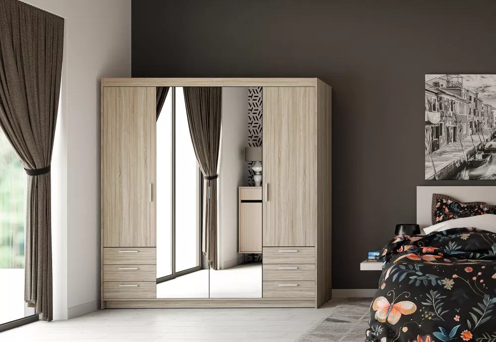 Skapis Elena 4D6S ar spoguli · Sonoma · 176.3 × 53 × 190.5 cm