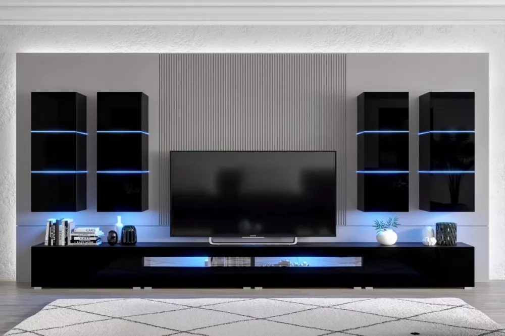 Sekcija Next 51 gloss ar LED · Melna · 364 × 35 × 200 cm