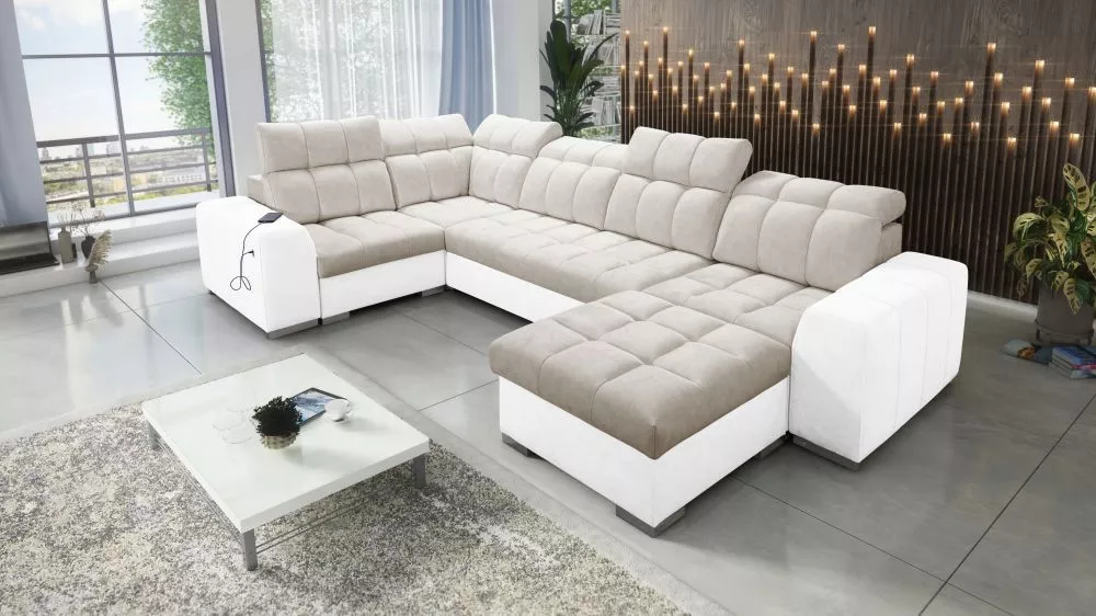 Dīvāns Pagano 4 Premium Standard · Tumši bēšs + balts · 210 × 362 × 83 cm