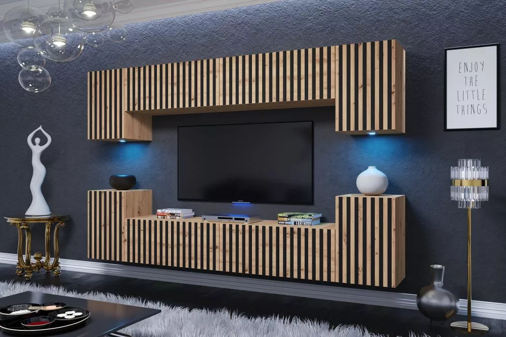 Sekcija Ortega ar LED · Ozols artisan · 240 × 35 × 170 cm