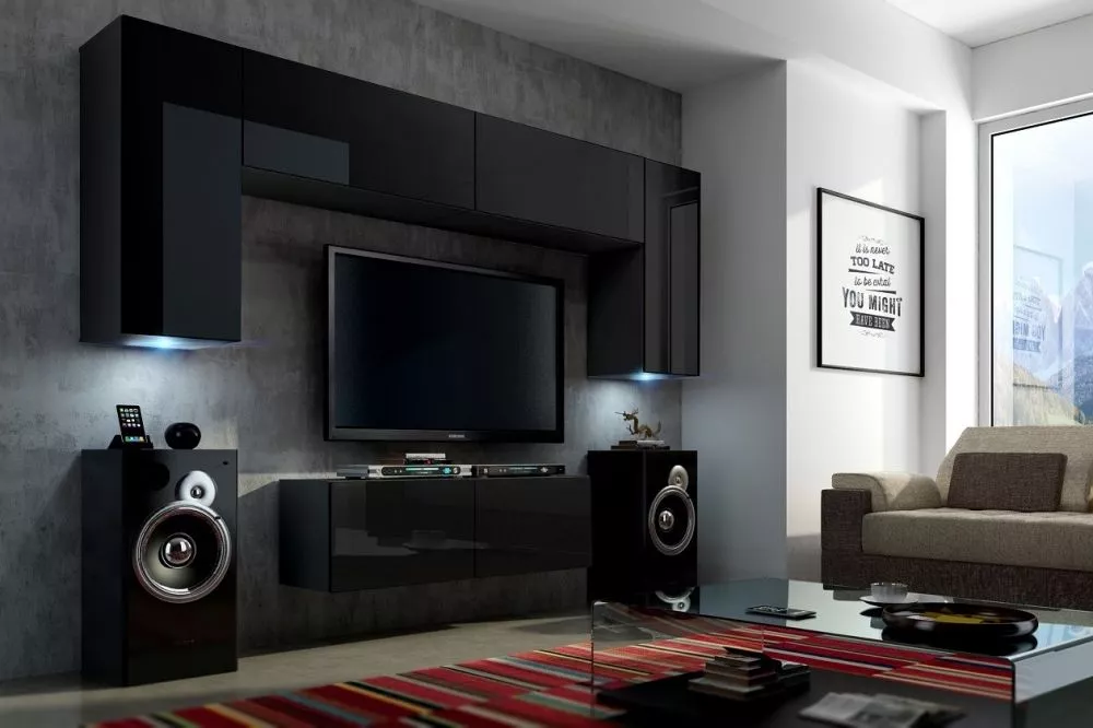 Sekcija Concept 2 gloss ar LED · Melns · 256 × 35 × 175 cm