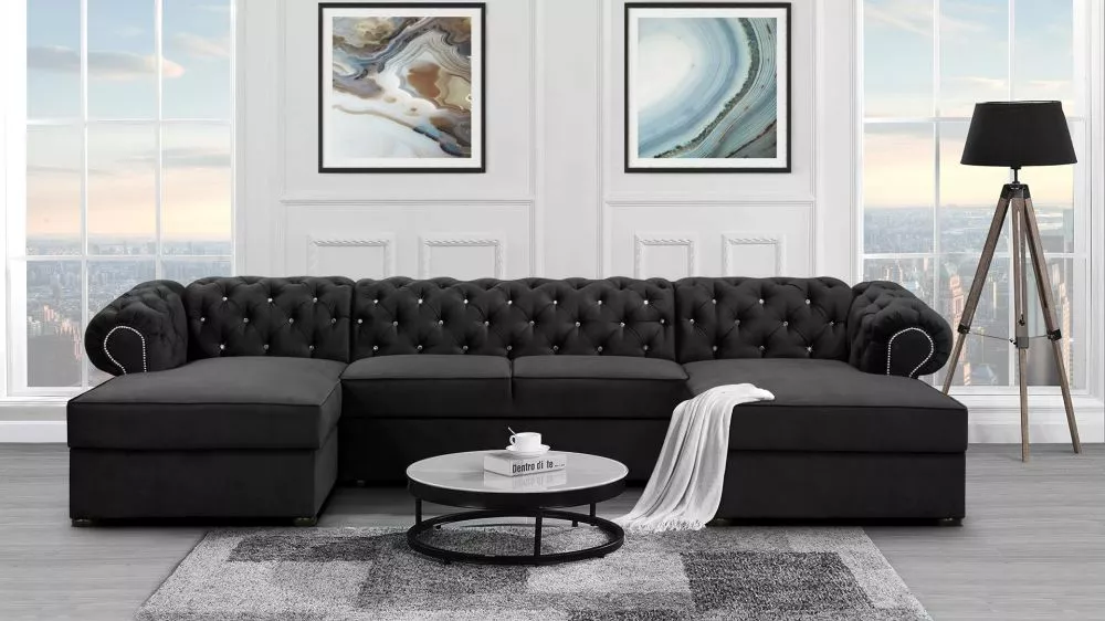 Dīvāns Valentino U Cristal Standard · Melns · 174 × 348 × 81 cm