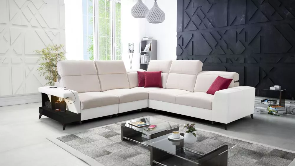 Dīvāns Belutti 3 Satin Black Standard ar LED · Krēma + balts · 288 × 288 × 84 cm