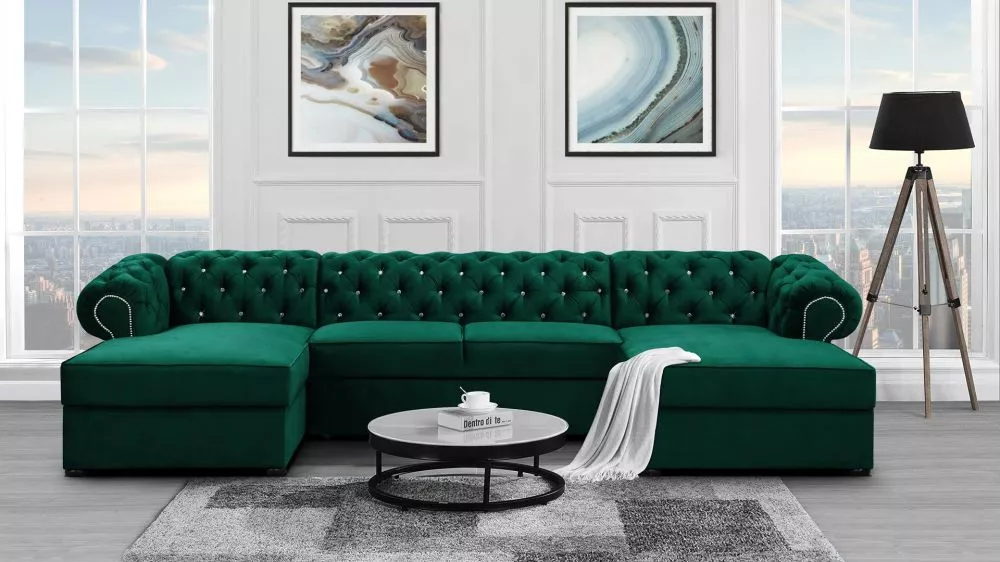 Dīvāns Valentino U Cristal Standard · Tumši zaļš · 174 × 348 × 81 cm