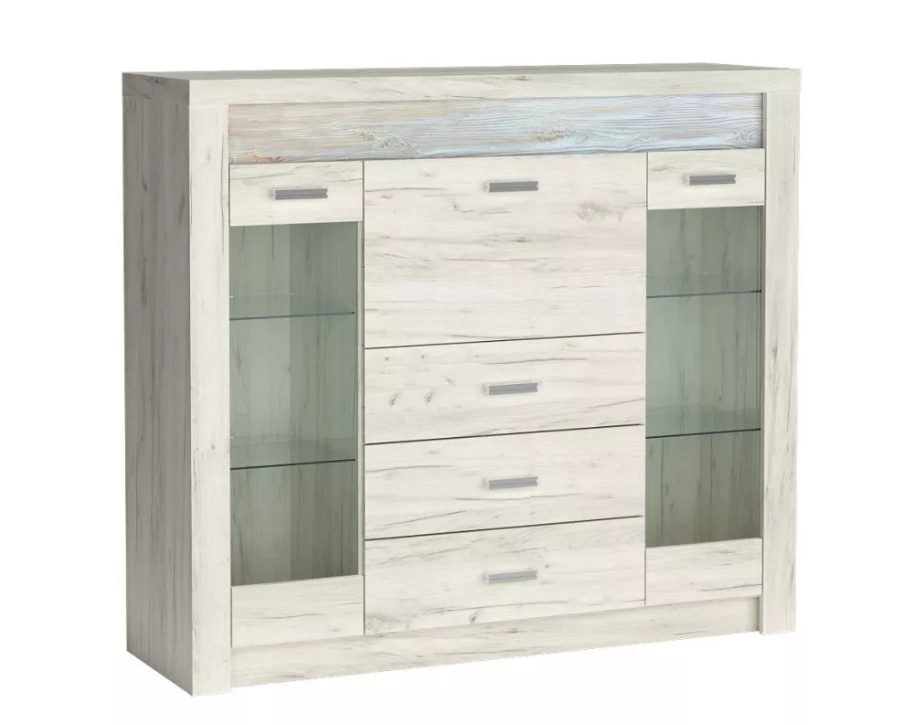 Kumode Indianapolis I8 ar LED · Ozols craft balts · 137 × 42 × 122 cm