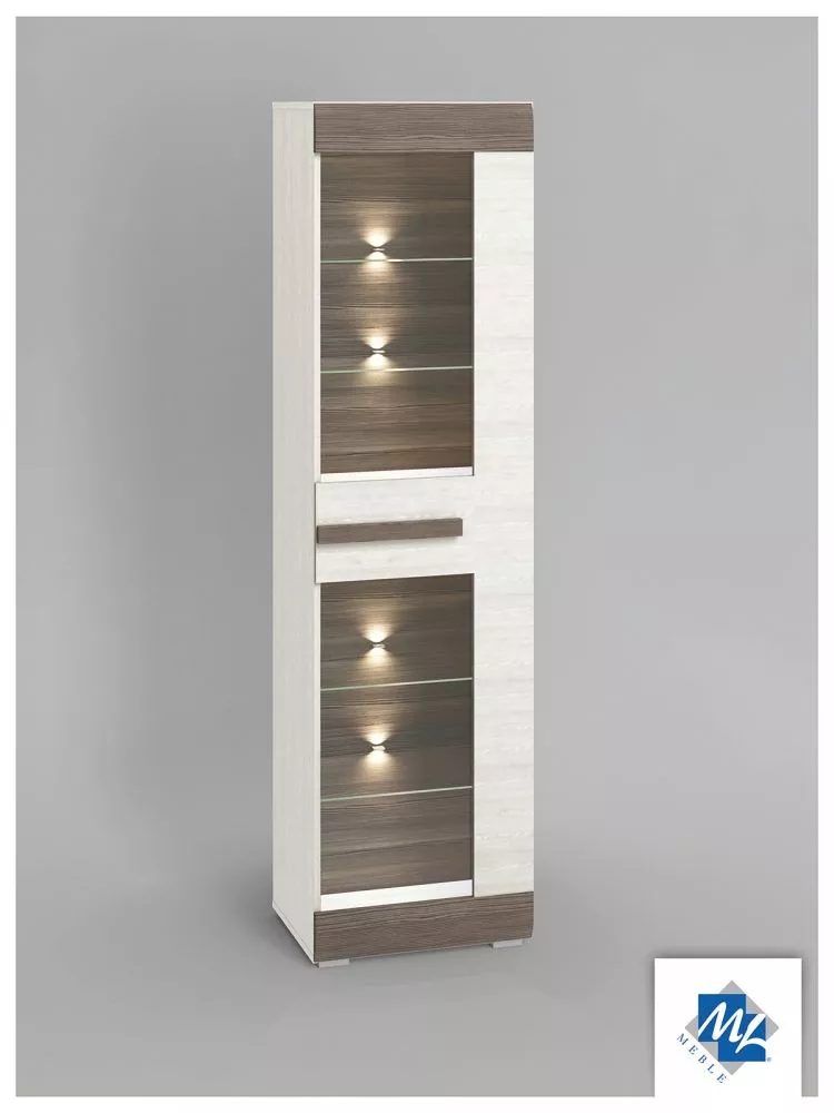 Grāmatu skapis Blanco 02 ar LED Korpusa krāsa: balināta priede, Elementu krāsa: pelēks ozols, · 55 × 42 × 202 cm