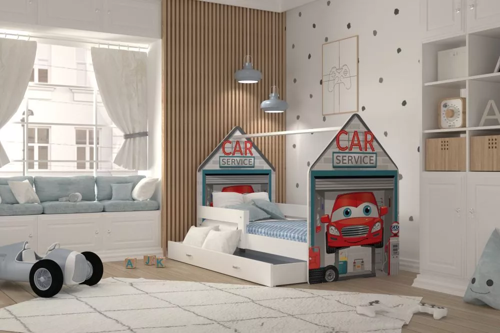 Bērnu gulta Daisy House Auto ar stelāžu Guļamvietas platums: 80 cm, Guļamvietas garums: 160 cm, · 85 × 163 × 120 cm