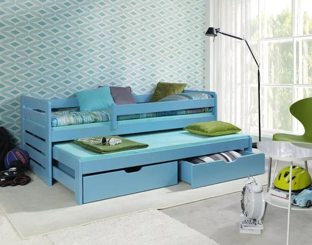 Bērnu gulta Tomasz 2 ar stelāžām Guļamvietas platums: 80 cm, Guļamvietas garums: 180 cm, · Gaiši zils · 87 × 185 × 77 cm