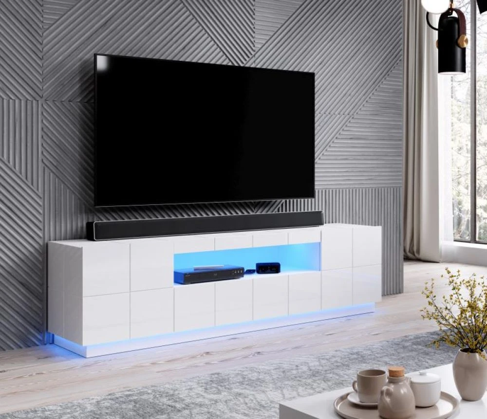 TV tumba Reja ar LED · Balts · 184 × 45 × 57.5 cm