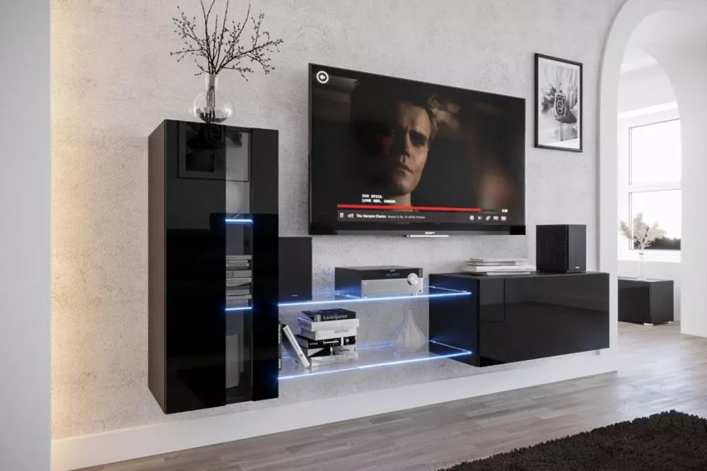 Sekcija Concept 45N gloss ar LED · Melns · 208,3 × 35 × 91 cm