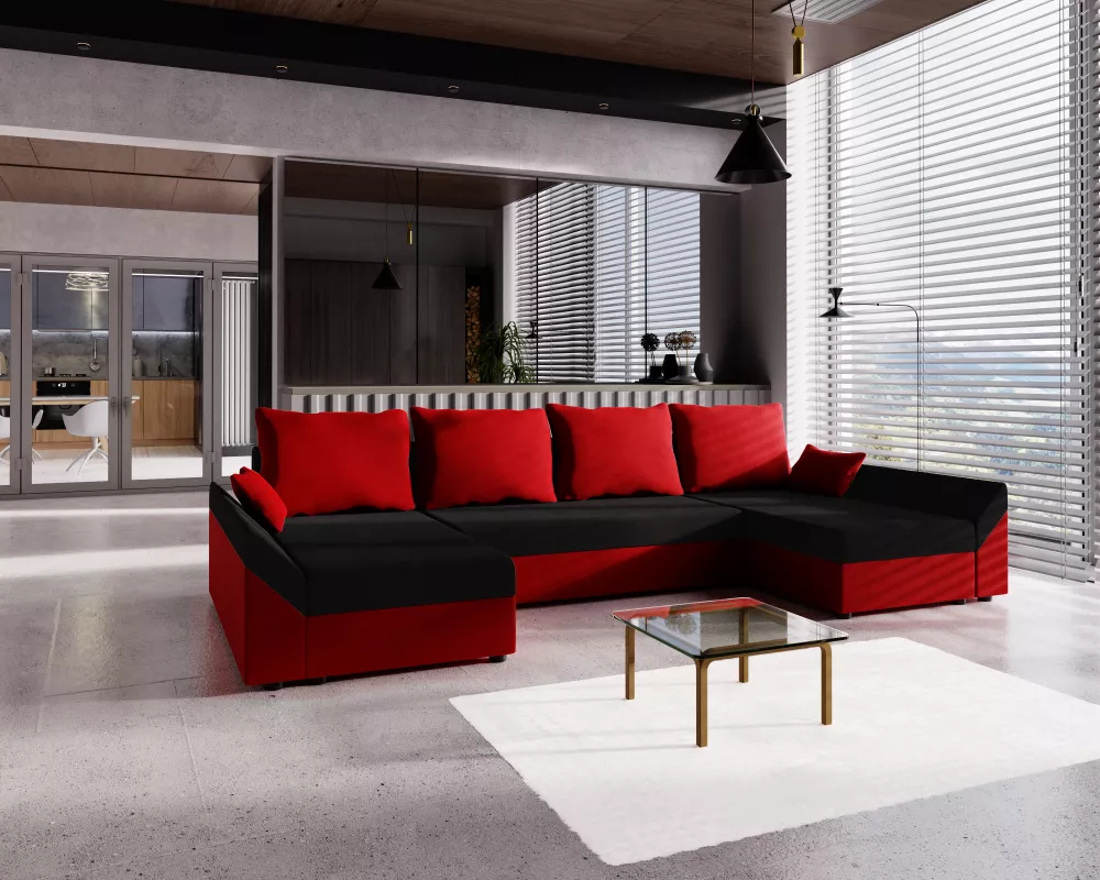 Dīvāns Dante U standard · Melns + sarkans · 138 × 316 × 82 cm