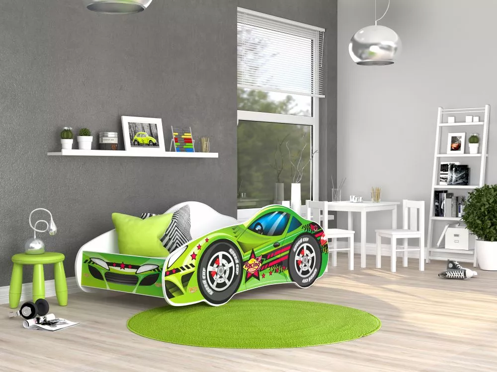 Bērnu gulta Cars 70x140 ar stelāžu Guļamvietas platums: 70 cm, Guļamvietas garums: 140 cm, · Zaļš · 72 × 156 × 55 cm