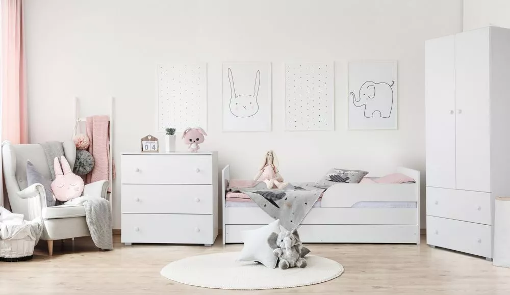 Bērnu gulta Timo 70x160 ar stelāžu Guļamvietas platums: 70 cm, Guļamvietas garums: 160 cm, · Balts · 78 × 164 × 62 cm