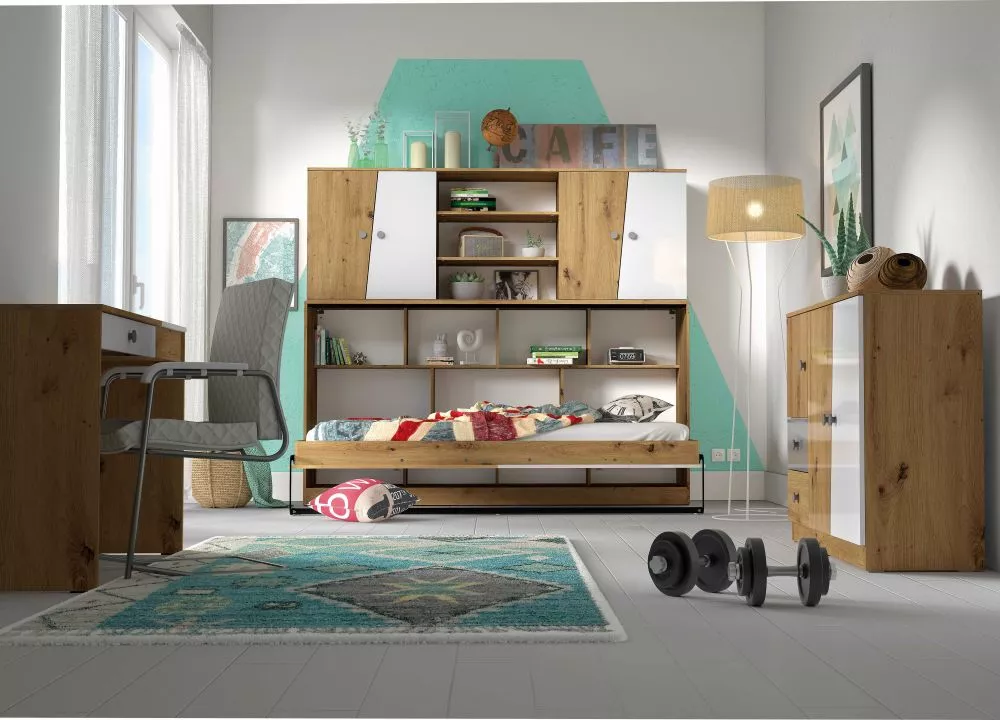Bērnu gulta Nero 16/17 gloss 90x200 ar stelāžu Guļamvietas platums: 90 cm, Guļamvietas garums: 200 cm, · 214 × 128 × 190