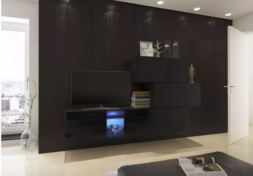 Sekcija Next 85 ar LED · Melns · 214 × 35 × 141 cm