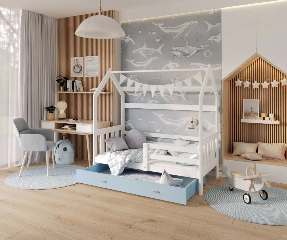Bērnu gulta Domek 80x190 2 ar stelāžu Guļamvietas platums: 80 cm, Guļamvietas garums: 190 cm, · 84 × 194 × 180 cm