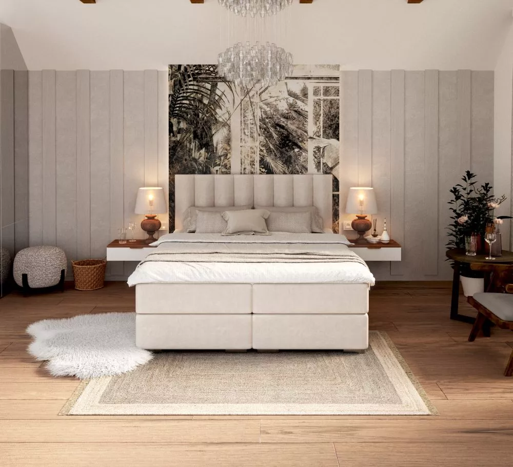 Gulta Lincoln Boxspring Standard Guļamvietas platums: 140 cm, Guļamvietas garums: 200 cm, · Krēma · 140 × 207 × 110 cm
