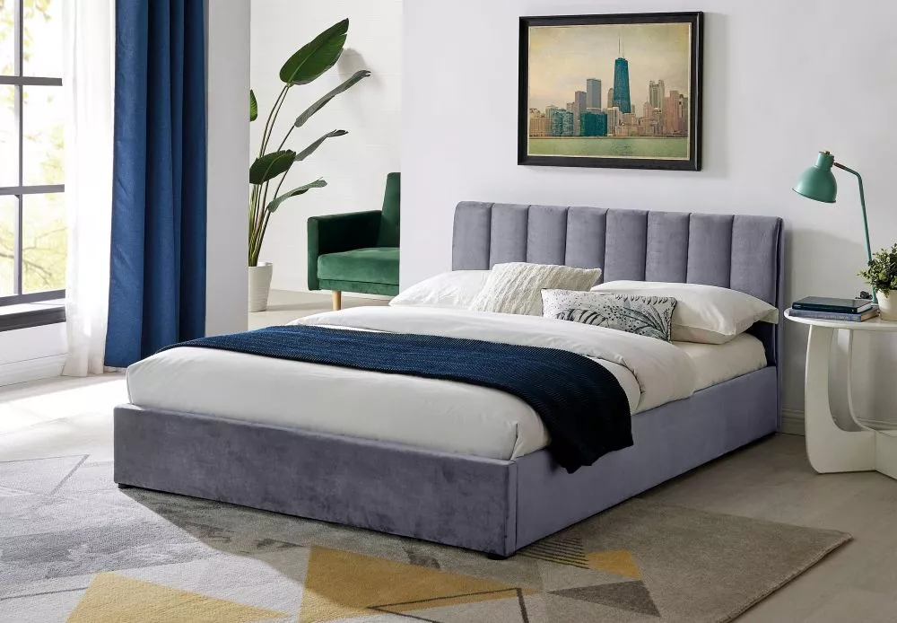 Gulta Montreal Velvet ar stelāžu Guļamvietas platums: 160 cm, Guļamvietas garums: 200 cm, · Pelēks · 167 × 215 × 79 cm