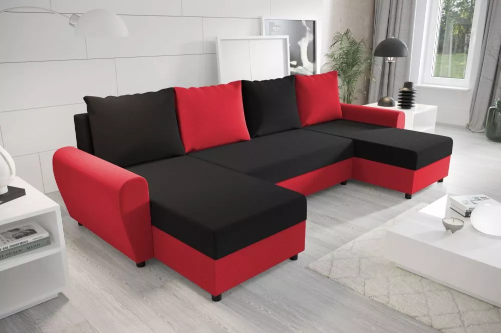 Dīvāns Fiona U standard · Melns + sarkans · 144 × 305 × 68 cm
