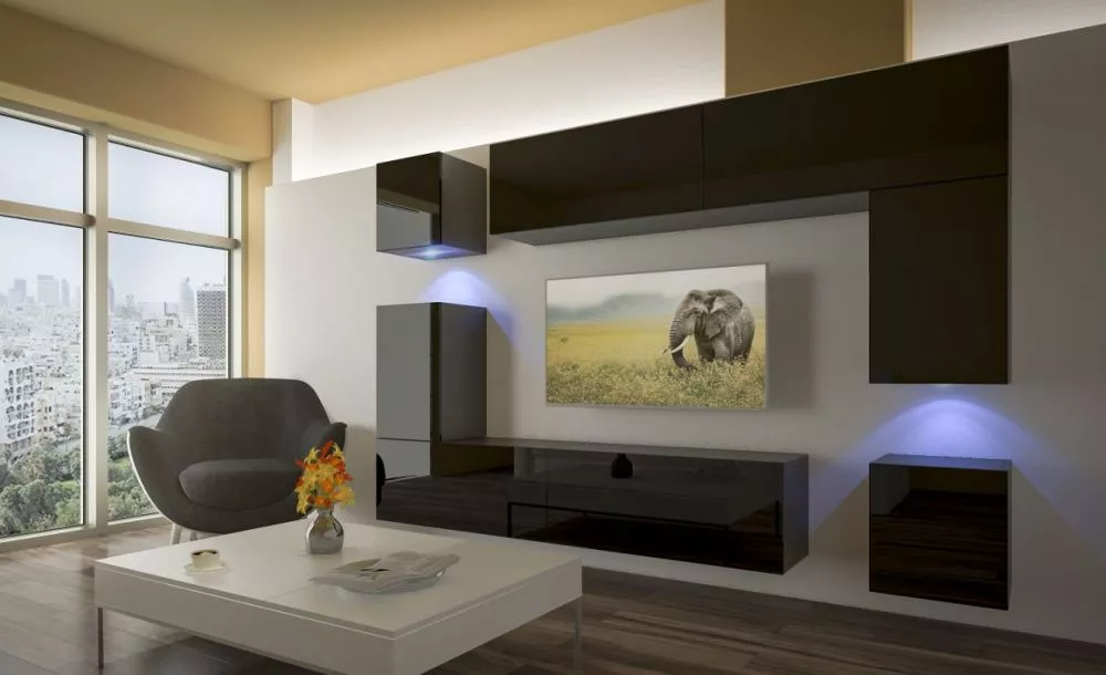 Sekcija Next 5 ar LED · Melns · 256 × 35 × 197 cm