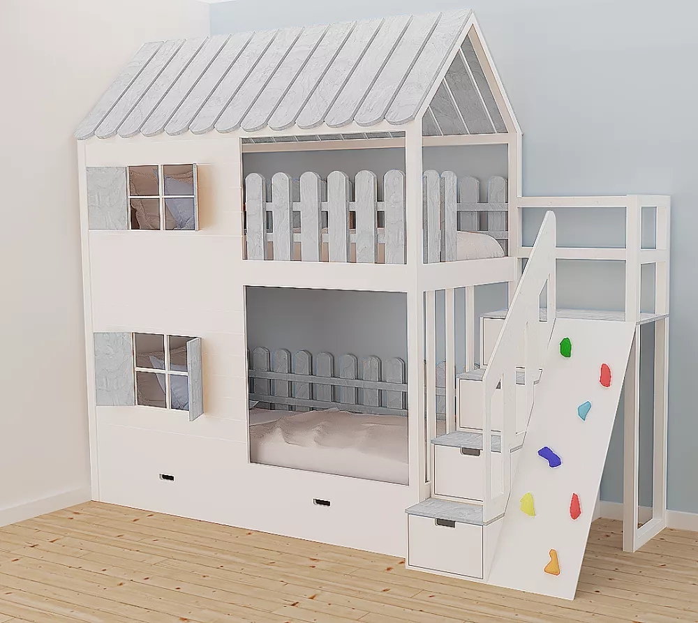 Bērnu gulta 101P+S ar stelāžām Kāpņu puse: Pa labi, Guļamvietas platums: 90 cm, Guļamvietas garums: 200 cm, · 118 × 287 