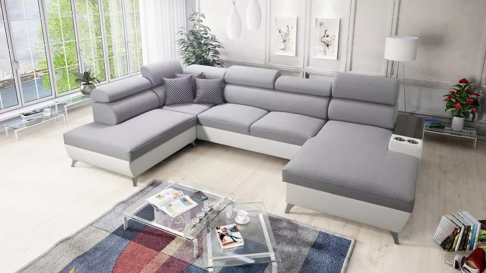 Dīvāns Modivo 6 standard · Gaiši pelēks + balts · 223 × 359 × 88 cm