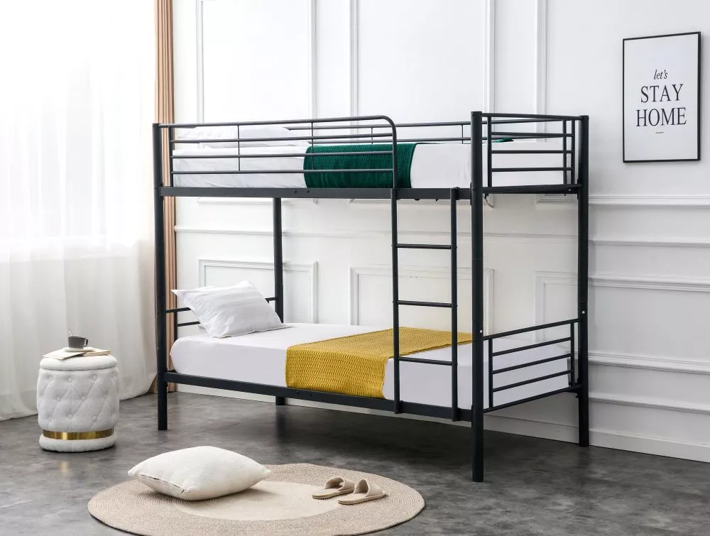 Bērnu gulta Bunky 90x200 ar stelāžām Guļamvietas platums: 90 cm, Guļamvietas garums: 200 cm, · Melna · 99 × 215 × 165 cm